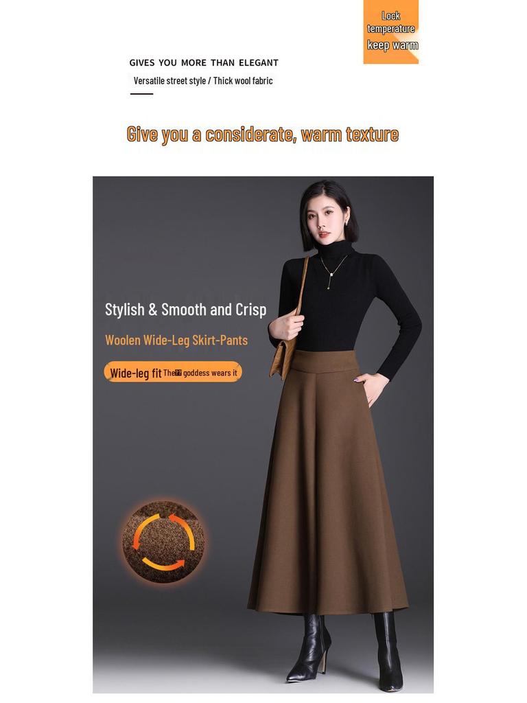 Women's Woolen Wide-Leg Cropped Pants - High-Waisted, Plus Size, Black Palazzo for Autumn/Winter 2025