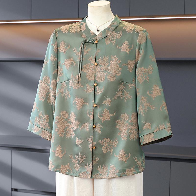 Elegant Seven-Sleeve Chinese Style Top for Women - Loose Fit, Printed Design, Perfect for Middle-Aged and Elderly Mothers or Grandmothers