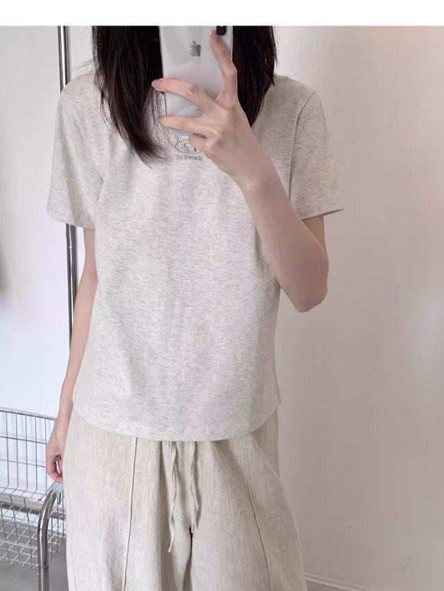 Women's American-Style Gray Embroidered Short-Sleeve T-Shirt, Summer 2025, Small Size, Loose Fit, Casual Straight-Shoulder Top