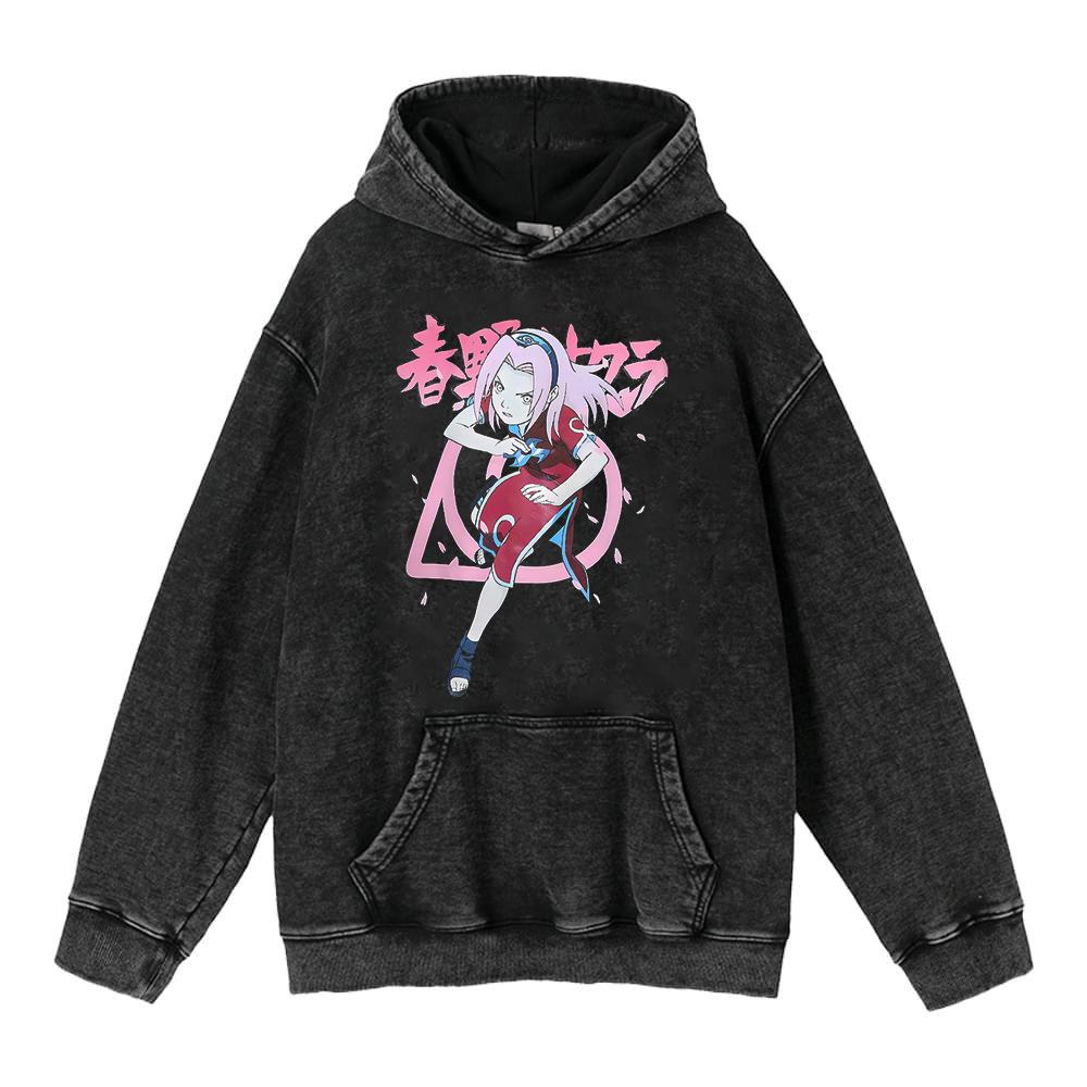 Cotone Pesante Lavato Retrò, Maglione Retrò Streetwear Anime con Cappuccio 440G