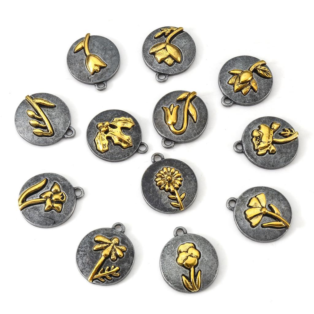 10pcs Vintage Birth Month Flower Charms Antique Gold Color Round Flower Pendants DIY Necklace Women Party Jewelry 20mm x 17.5mm