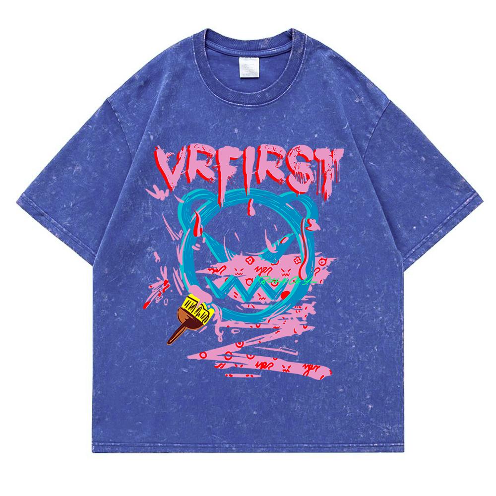 Graffiti Street Bear Print Washed Retro Snow Men Tshirt Summer Loose Cotton T Shirt Breathable Clothes Oversize Casual Tees