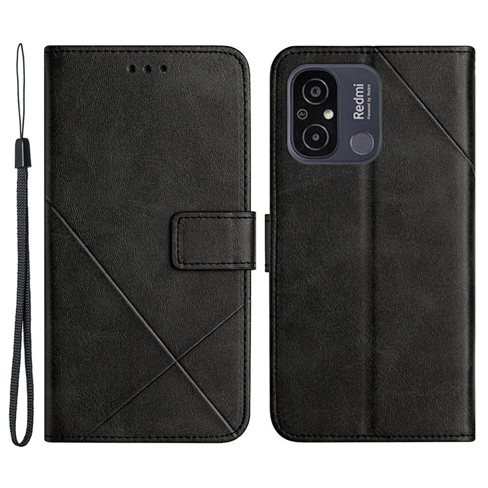 

For Xiaomi Redmi 12C 4G Line Imprinting Phone Case Solid Color PU Leather Flip Wallet Cover with Stand Black