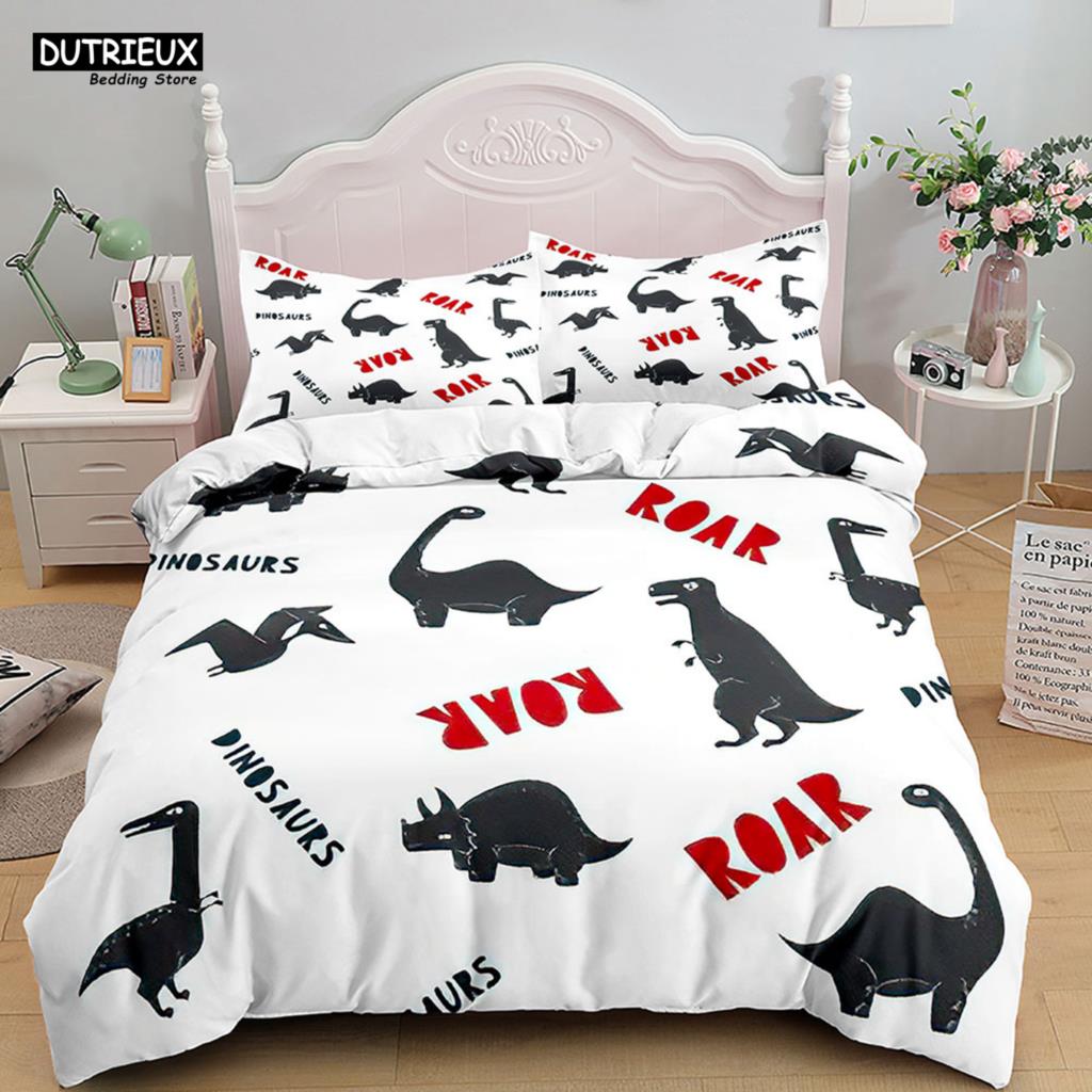 Cartoon Dinosaur Bedding Set White Soft Duvet Cover Animals Kids Boys Single Double Twin Queen King Size Duvet Cover Set