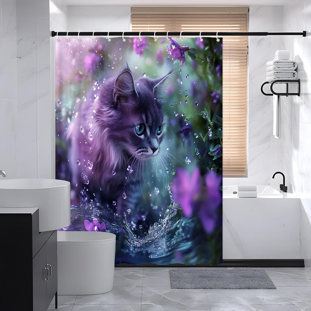 Magical Garden Cat Shower Curtain - Purple Flowers, Misty Blue Eyes, 70.8x70.8In,12 Hooks,Machine Washable Polyester, Bath Decor