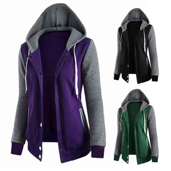 Lässige Damen Winter Colorblock Langarmjacke Knopf Kapuze Kordelzug Mantel