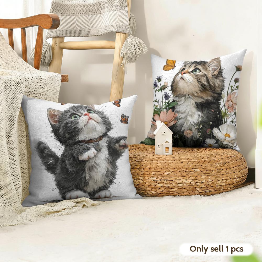 Cute Cat and Flower Cushion Cover Natural Linen Organic Fabric DoubleSided Printing Couch Pillow Covers Home Decor
