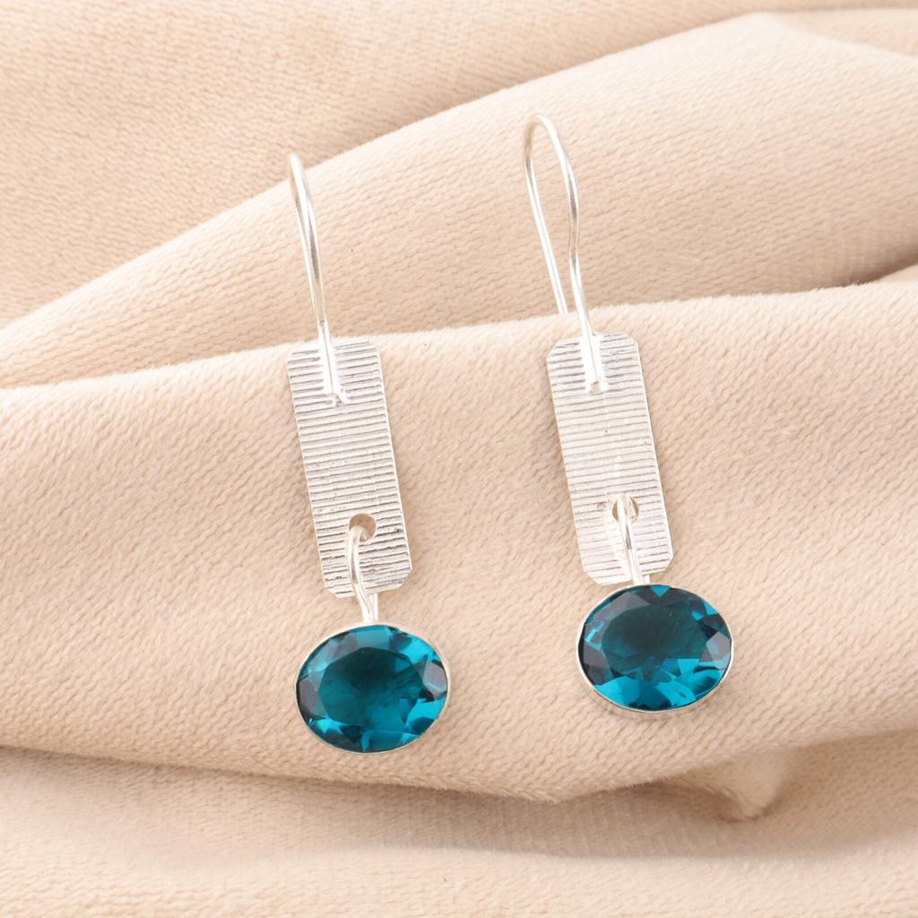 Blue Apatite Gemstone 925 Stamped Silver Designer Jewelry Handmade Earrings 1.9" EE-168-13