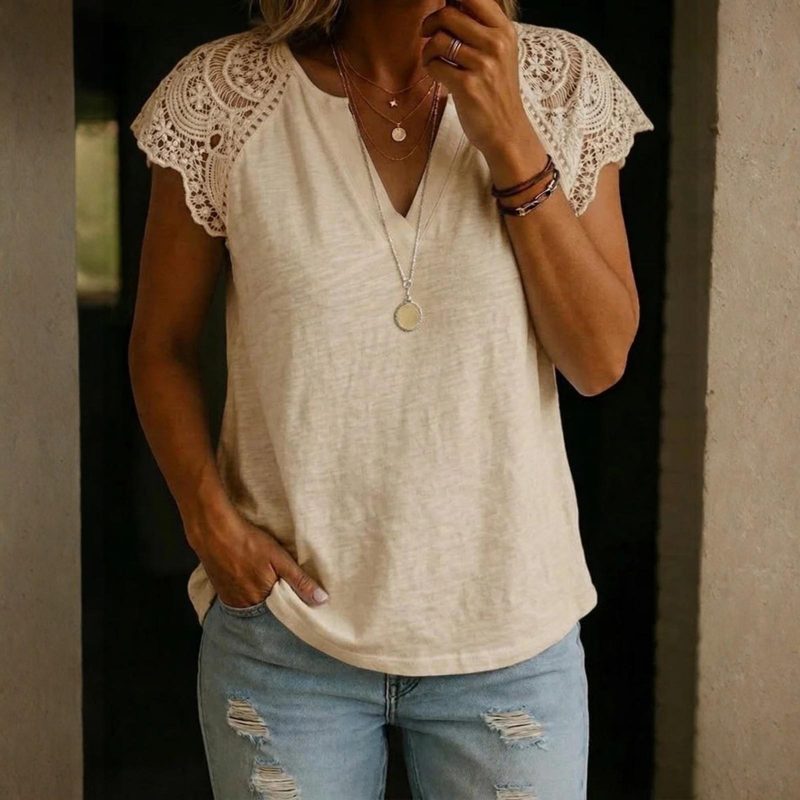 

Women s Loose-Fit, Stylish, And Casual Short-Sleeve Top With Lace-Paneled V-Neck S хаки