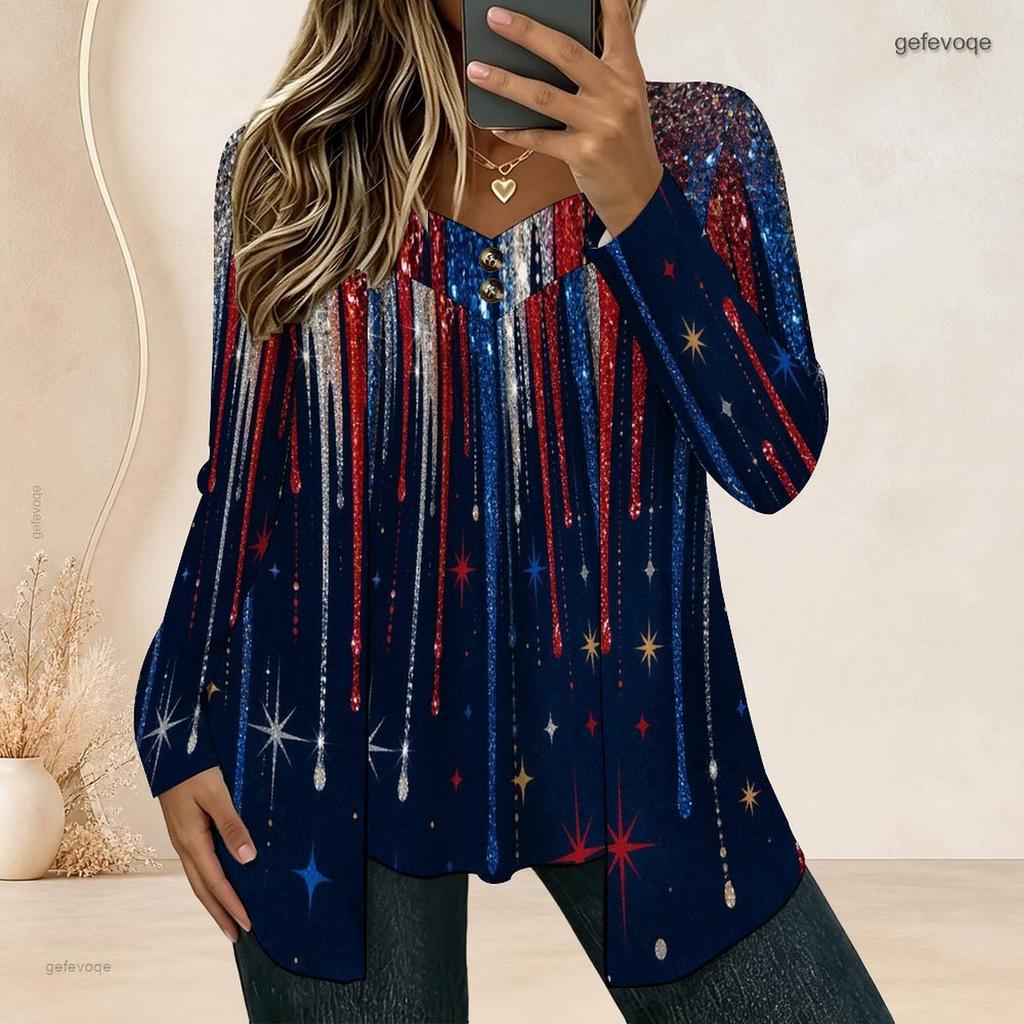Women Plus Size Square Neck Long Sleeve T Shirt Vintage American Flag Star Stripe Print Double Layer Front Top