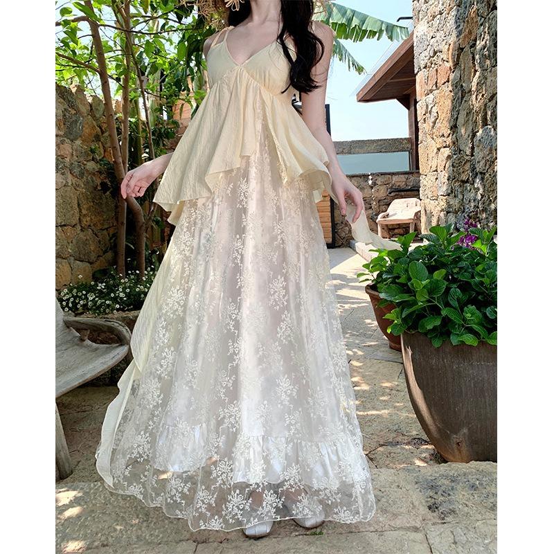 New Cinderella Romantic Heavy Industry Embroidery Suspender Long Dress Collar Lace Splicing Travel Vacation Long Dress