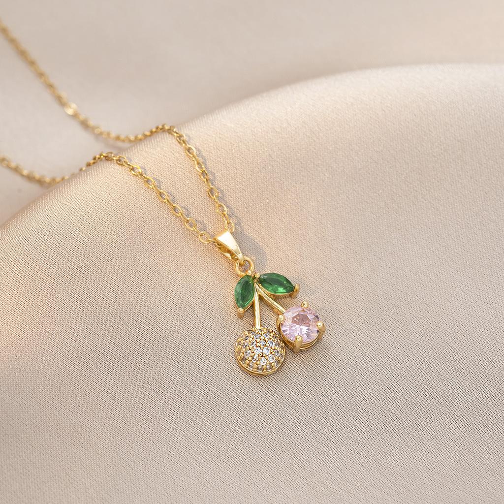 Cherry Pendant Necklace for Women Fashion Stainless Steel Chain Zirconia Necklaces Wedding Party Jewelry Accessories