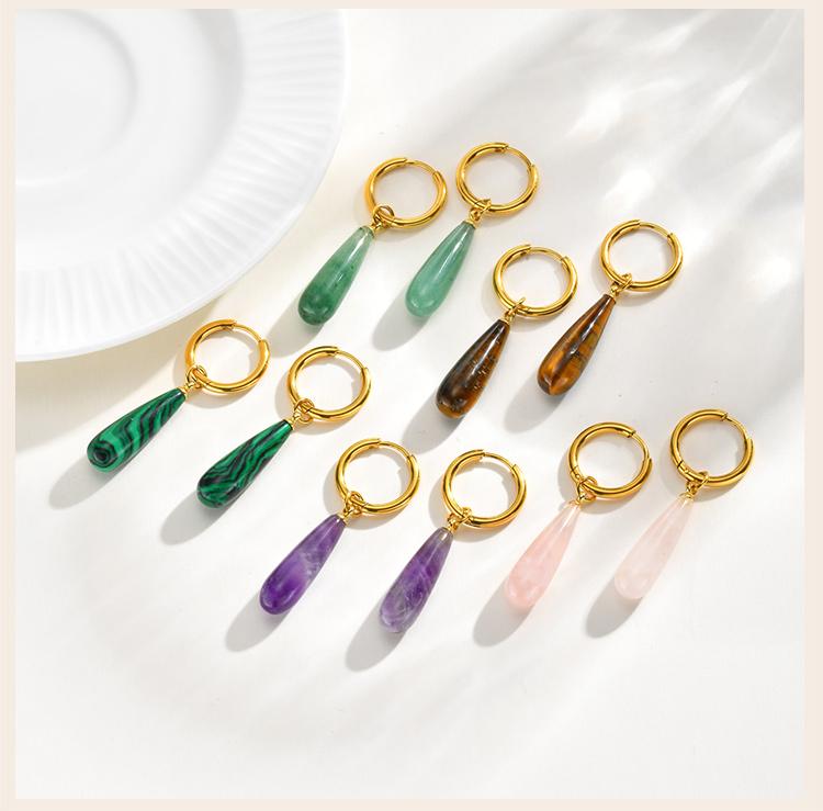 Natural Stone Drop Earrings 18k Gold Plated Stainless Steel Teardrop Amethyst Tiger Eye Rose Quartz Jewelry Nickel-Free