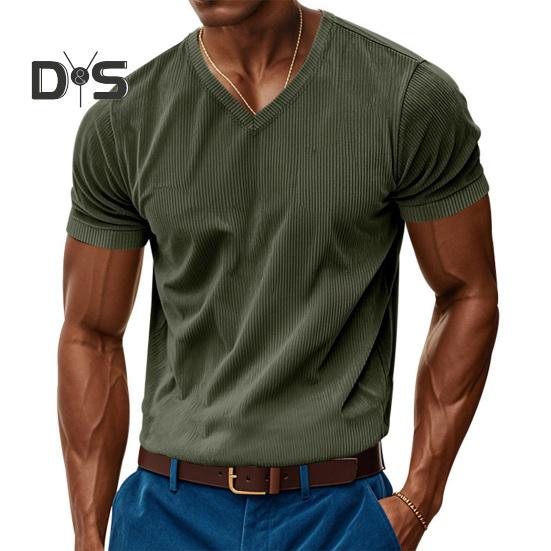 Tricou bărbătesc din velur cu decolteu în V Tricou din tricot cu nervuri pentru bărbați Tricou cu mânecă scurtă Casual Top business pentru muncă, vacanță, stradă