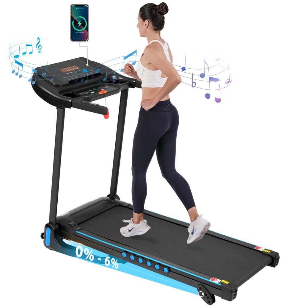 Laufband Flieks, Steigung 6%, Klappbar Laufbänder Leise bis 14km/h, 3,0 HP Treadmill mit Herzfrequenzmonitor, LED Anzeige, Bluetooth