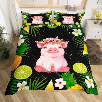 Kids Pig Duvet Cover Set Full King Kawaii Farm Animal Bedding Set Microfiber Tropical Fruit Print Comforter Cover for Teen Adult