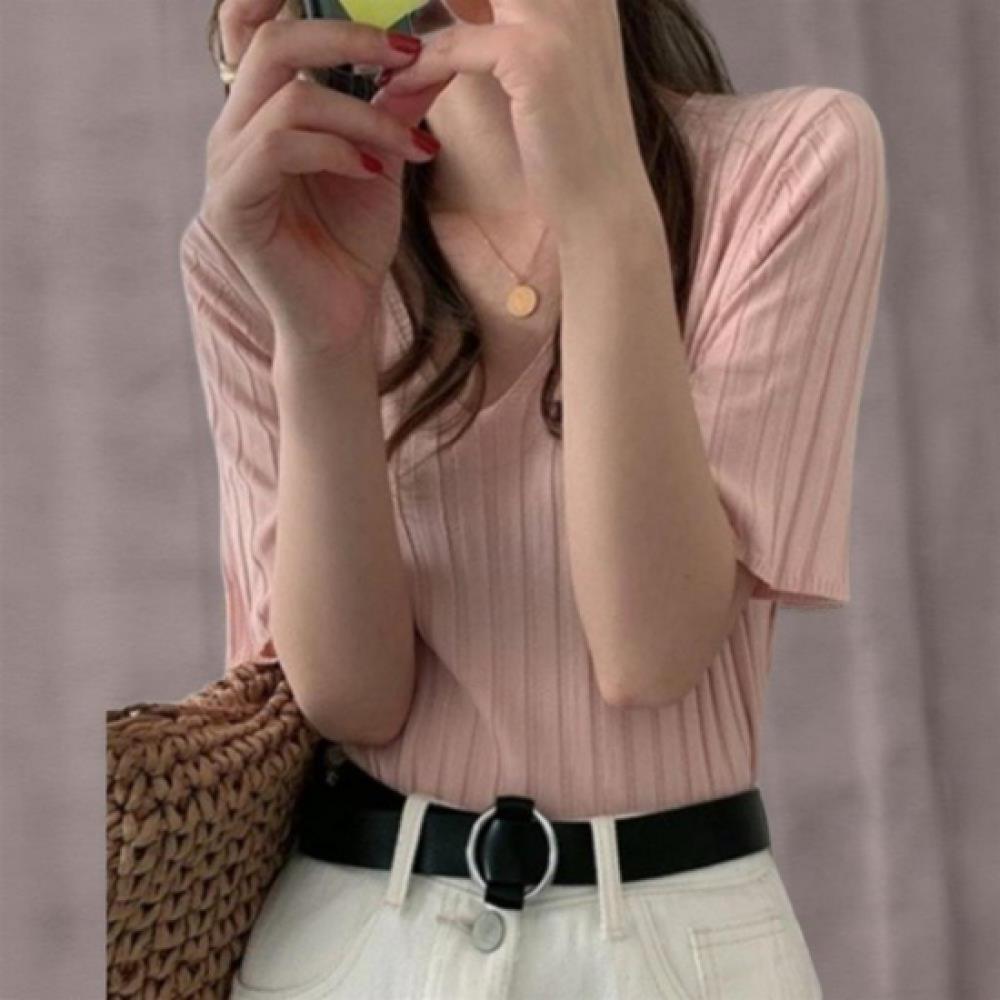 New ArriVals Open Run Women V Neck Cooling Short sleeVe Knit Vertical Stripe