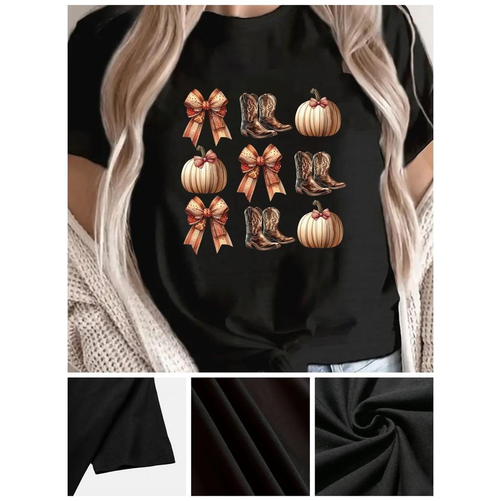 

Short Sleeve Crew Neck T-Shirt - Soft, Breathable, Comfortable Casual Top for Summer and Spring - Women s Fashion Everyday Dress, Beautiful Bows XXL чорний