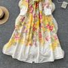 Spring Autumn Women Vintage Print Lace-up Collar Single Breasted Long Maxi Holiday Party Dresses with Belt