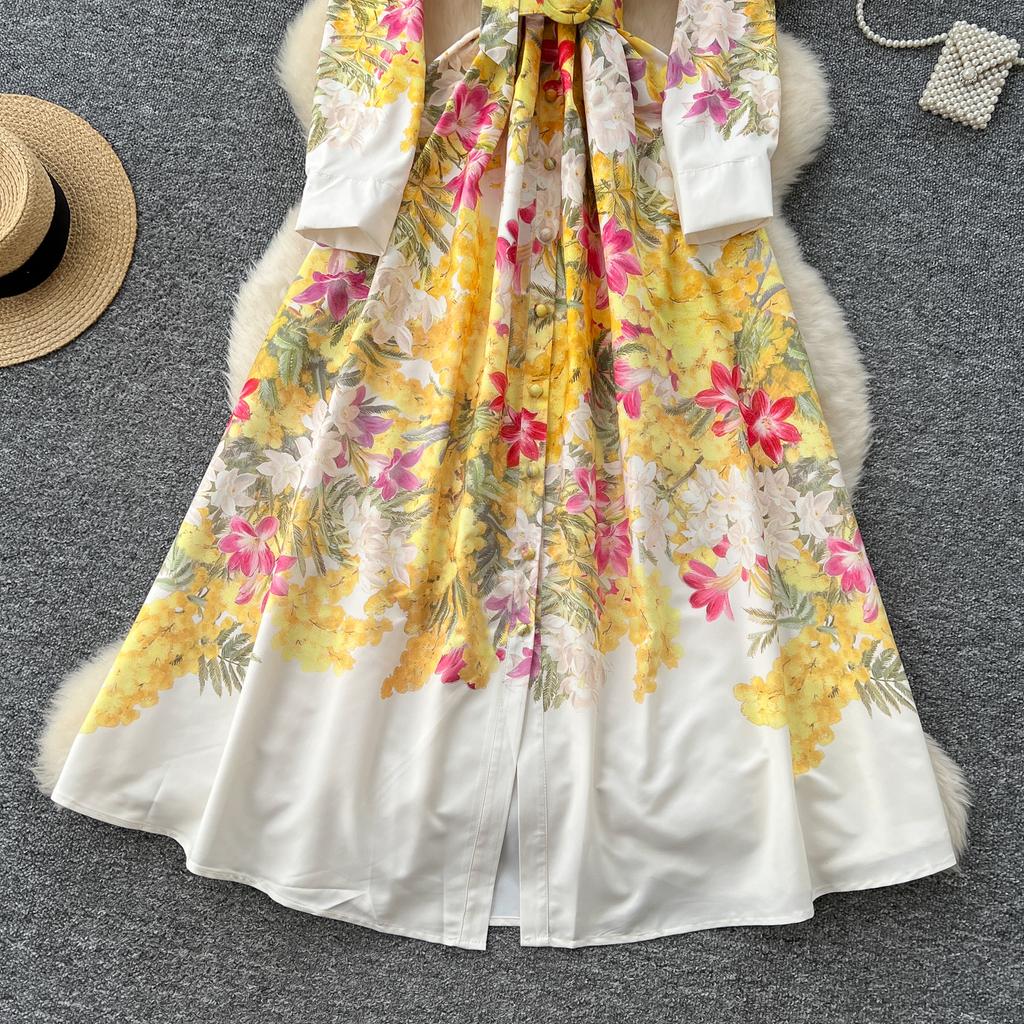 Spring Autumn Women Vintage Print Lace-up Collar Single Breasted Long Maxi Holiday Party Dresses with Belt