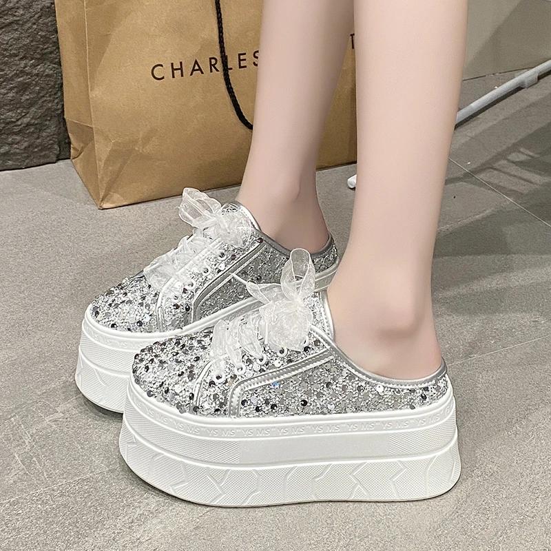 Fashion 8CM Women's Slippers 2025 New Bling Summer Women's Platform Slippers Lace Rhindiamonds High Toe Closed Slippers Women Mule Shoes