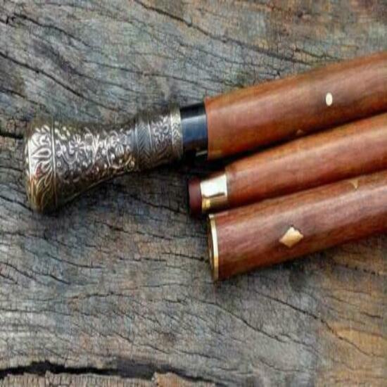 Hůl ve starožitném stylu, viktoriánská, vintage, designová, mosazná rukojeť, dřevěná vycházková hůl