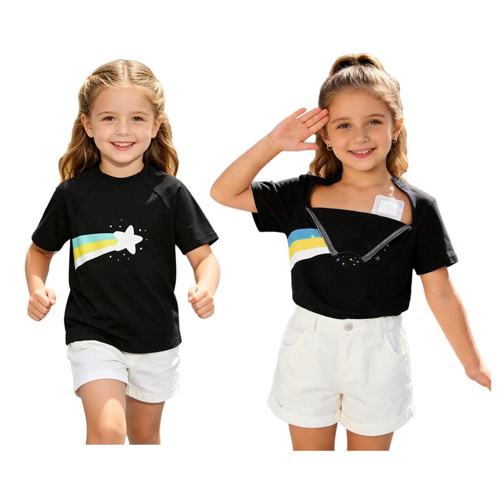 Kids Boys Girls Special Needs Adaptive Clothing Short Sleeve Rainbow Print Chest Port Access Chemo T-shirt with Zippers