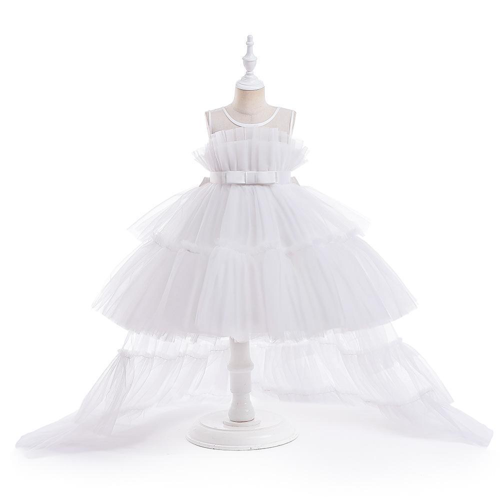 Girls' Princess Layered Puffy Train Gown for Piano Performances & Runway