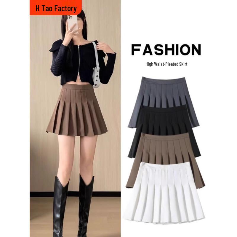 Women's Korean Style High-Waist Pleated A-Line Skirt - Slim Fit, Black, Spring/Autumn 2024 Collection.