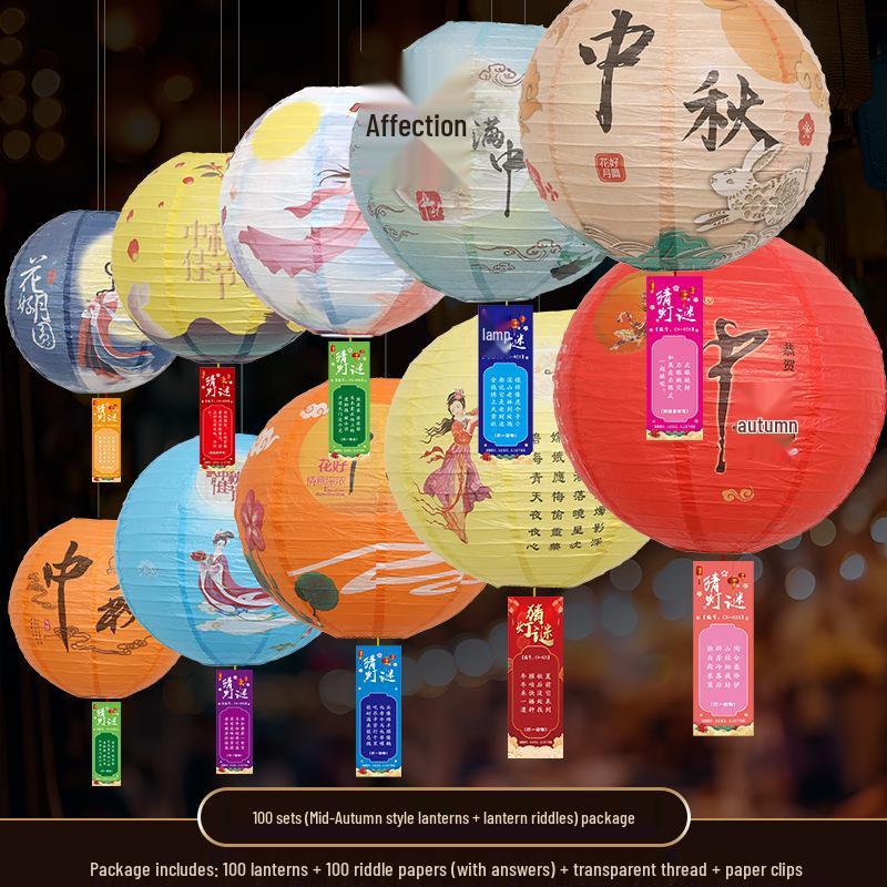 Mid-Autumn Festival Chinese Luminous Flower & Palace Lanterns with Riddle Hanging Ornaments