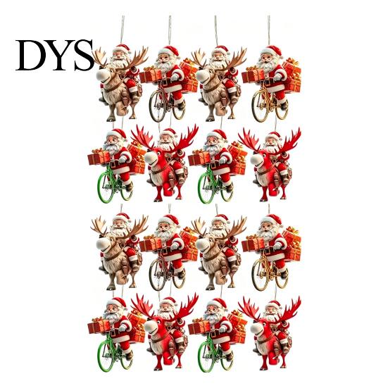 Handmade Style Xmas Tree Pendants 8/16/24/32Pcs 2D Flat Christmas Wooden Ornaments, Santa Claus Riding Bicycle Hanging Accessories Decor, Pendant for