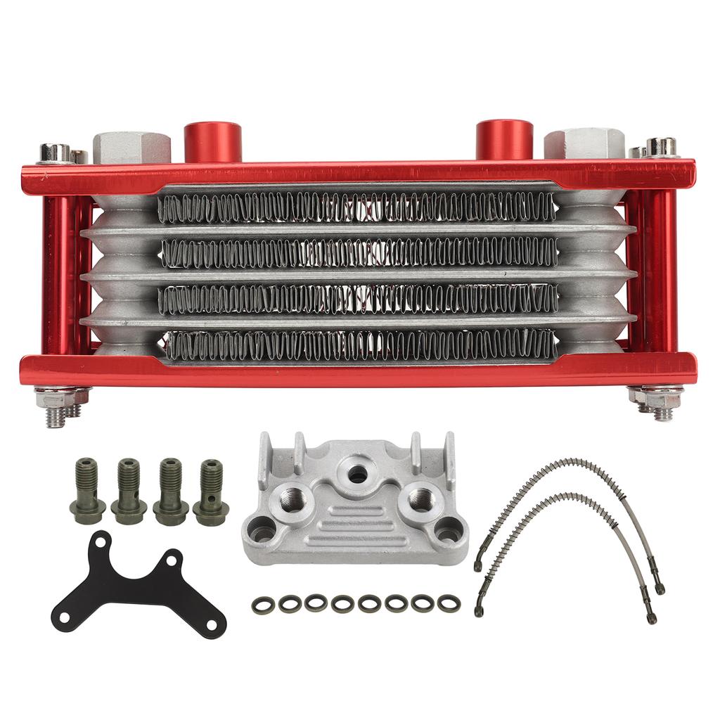 17PCS Motorcycle Oil Cooler Radiator Set Aluminum 4 Row Engine Oil Cooling Kit Replacement for Monkey 125cc‑140cc Red
