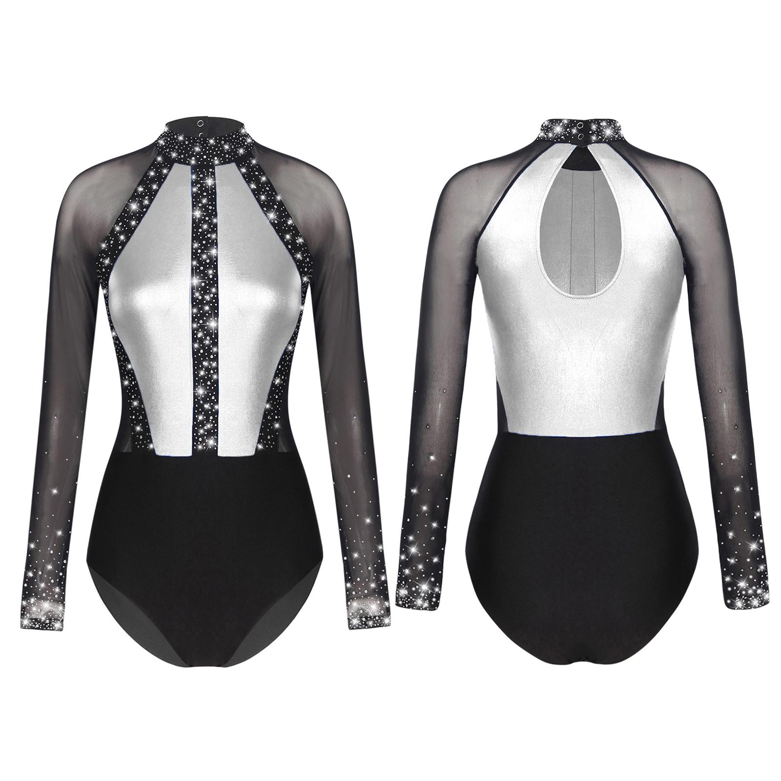 

Женский купальник со стразами для балета, гимнастики и танцев, боди с длинными рукавами, костюм для фигурного катания, танца S темно-серого