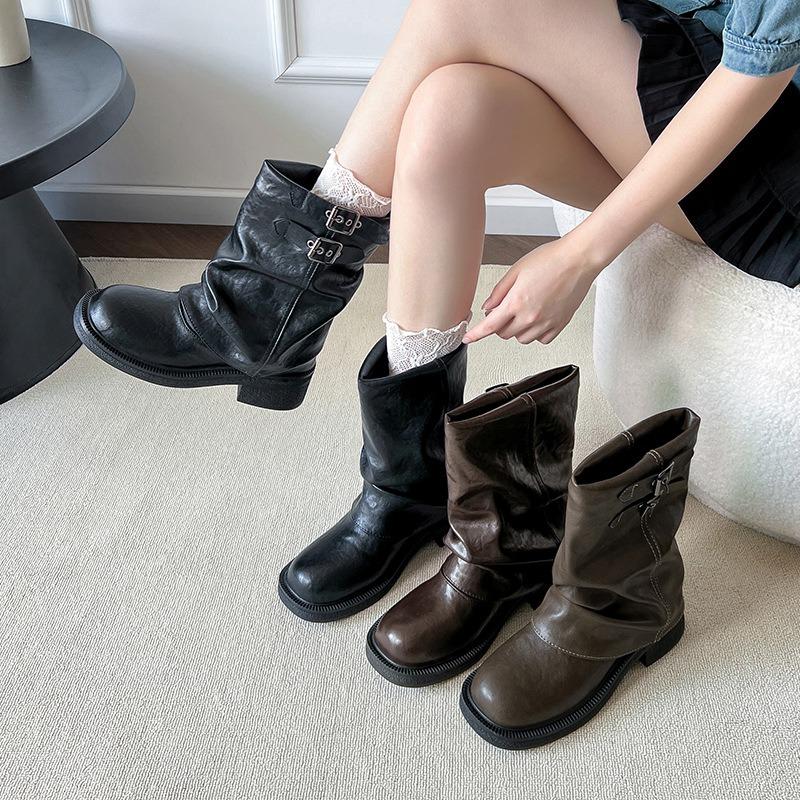 Vintage Inner Height Increasing Coarse Heel Short Boots Western Cowboy Pile Boots Knight Boots Martin Boots Women's Boots