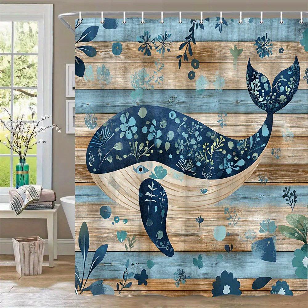 1Pc Floral Whale Bath Curtain - Navy Teal Marine Creature Design With Wood Plank Background, Playful Underwater Fantasy Art,