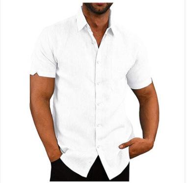 Summer lapel button-down men s solid color short-sleeved linen shirt S белый