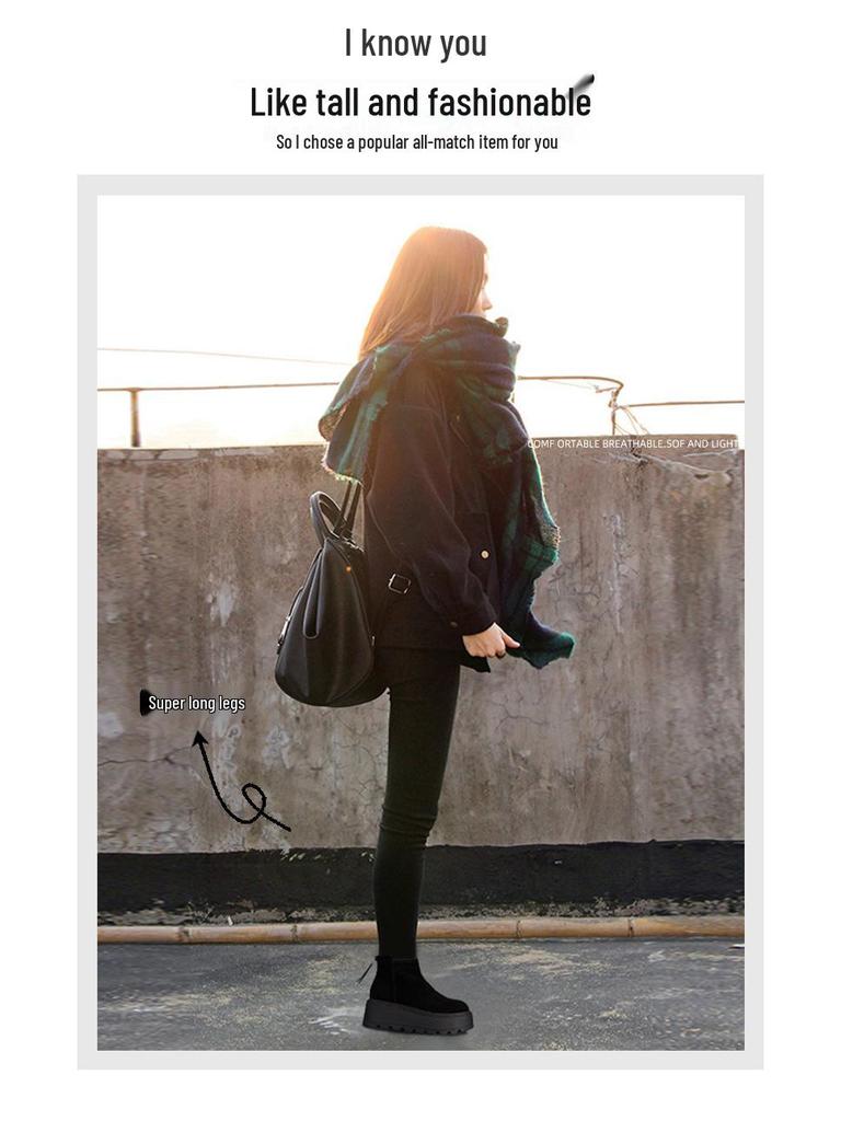 2024 Autumn/Winter Women's Thick-Soled Cow Suede Ankle Boots: Versatile, Height-Increasing, Warm Martin Style