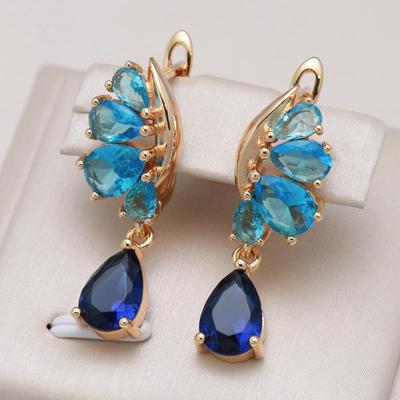 Luxury Drop Earrings with Two Different Blue Zircon Women Daily Fashion Jewelry