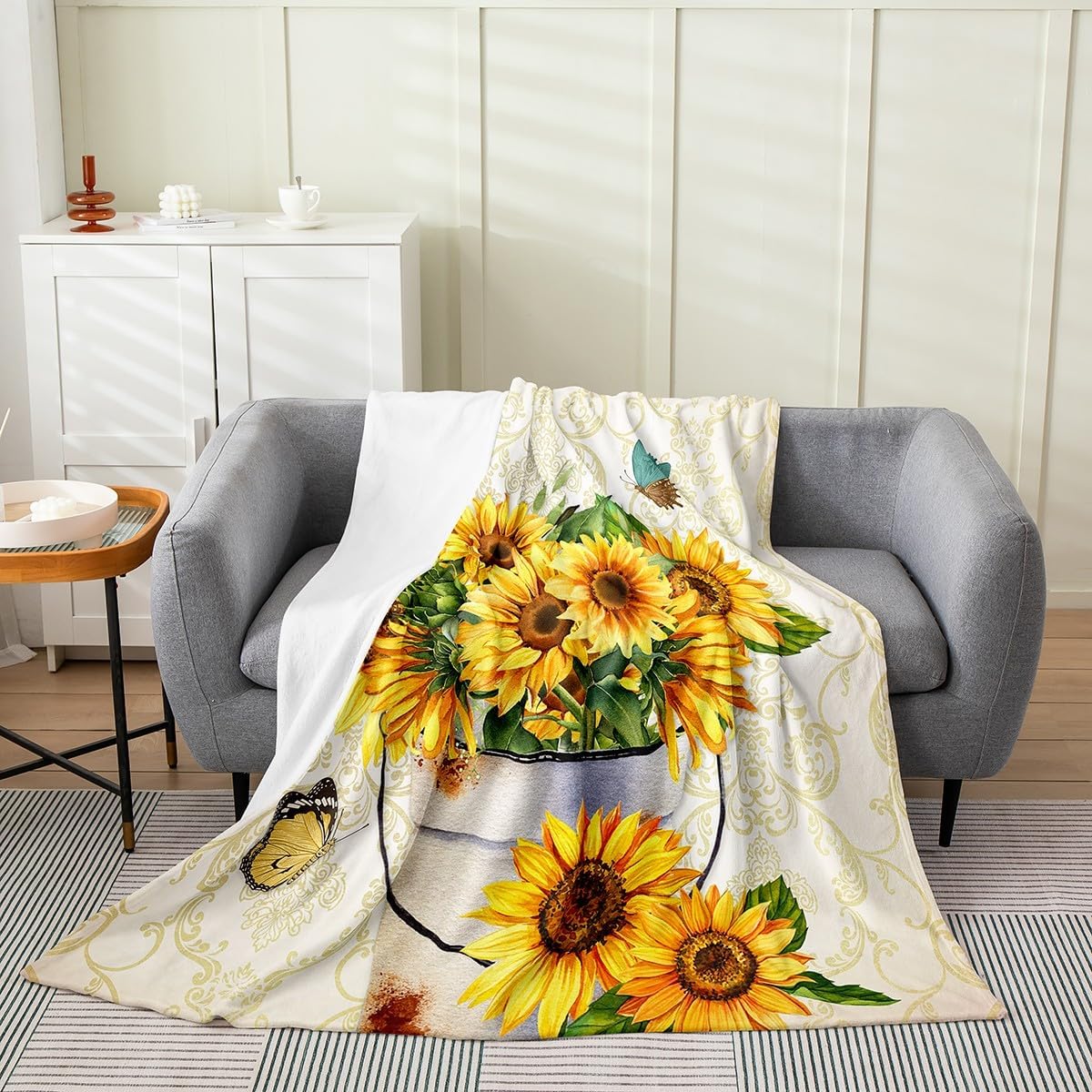 Spring Gnome Throw Blanket,Yellow Sunflowers Fleece Flannel Blanket for Toddler,Floral Truck Fuzzy Blanket,Lovely Bee GnomeDwarf 75x90cm