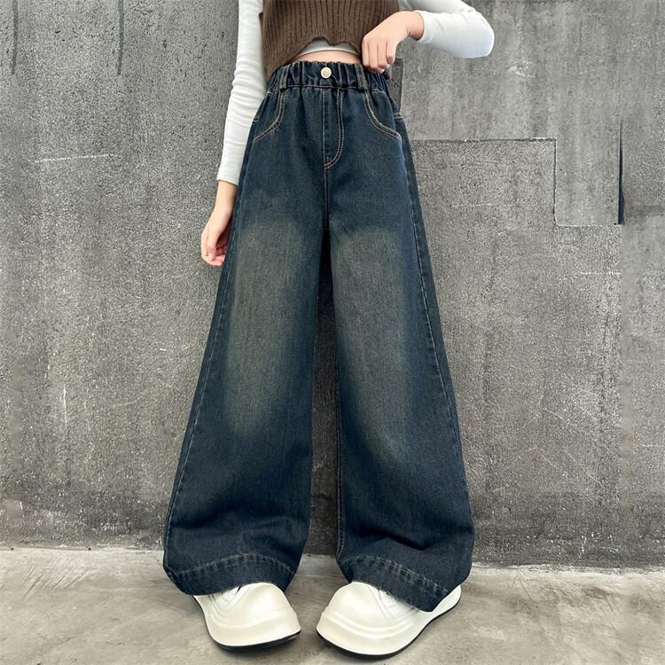 

Child Fashion High-Waisted Wide-Leg Jeans for Tween Girls Streetwear Loose Denim Pants Kids Washed Dark Blue Jeans Trousers 5-14 120cm