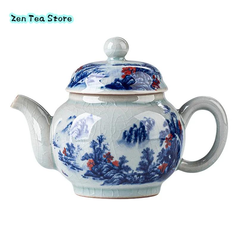 Antique Blue And White Chinese Ruyi Teapot Household Ceramic Ice Crack Glaze Old Clay Single Pot Chinese Style Kung Fu Tea Set