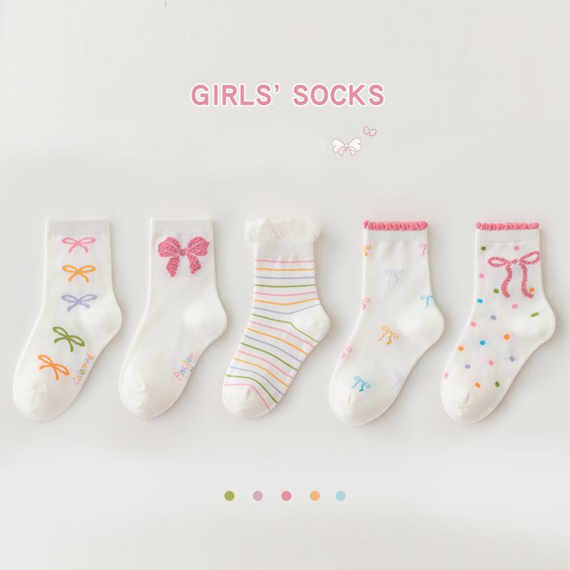 5/3Pairs Sweet Kids Girls Socks bow ties Selected Combed Cotton Solid Breathable Comfortable Mid-calf Children's Socks For Girls