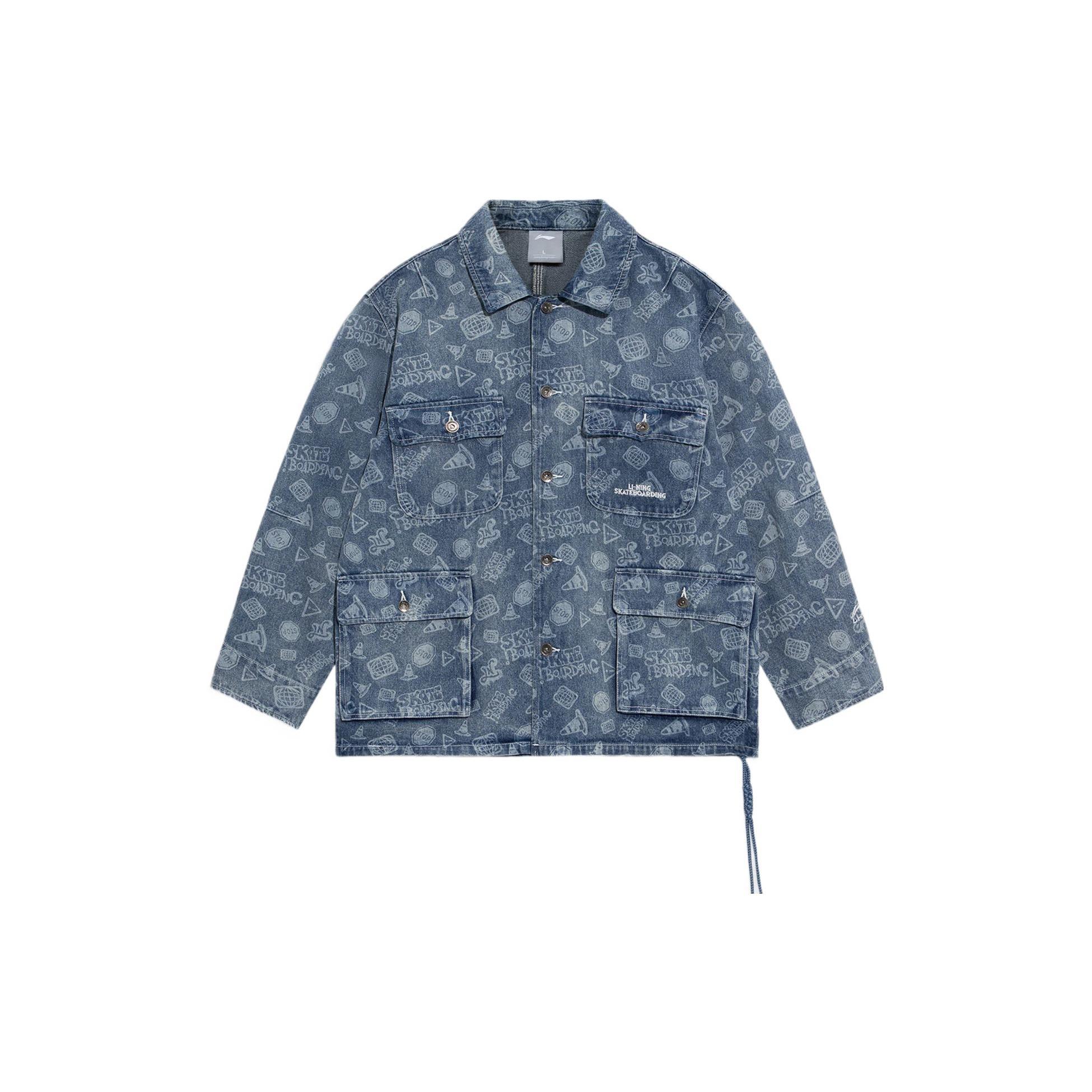 Li-Ning Skateboard Series Full Print Washed Denim Jacket Light Blue White Men s AJDS047-1 S