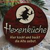 Indoor Halloween Wall Ornament Wooden Hanging Sign, Round Pendant for Front Door Decor, Full German Text Witch Sign Moon Bat Design Retro Holiday