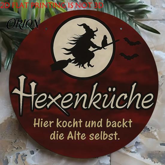 Indoor Halloween Wall Ornament Wooden Hanging Sign, Round Pendant for Front Door Decor, Full German Text Witch Sign Moon Bat Design Retro Holiday