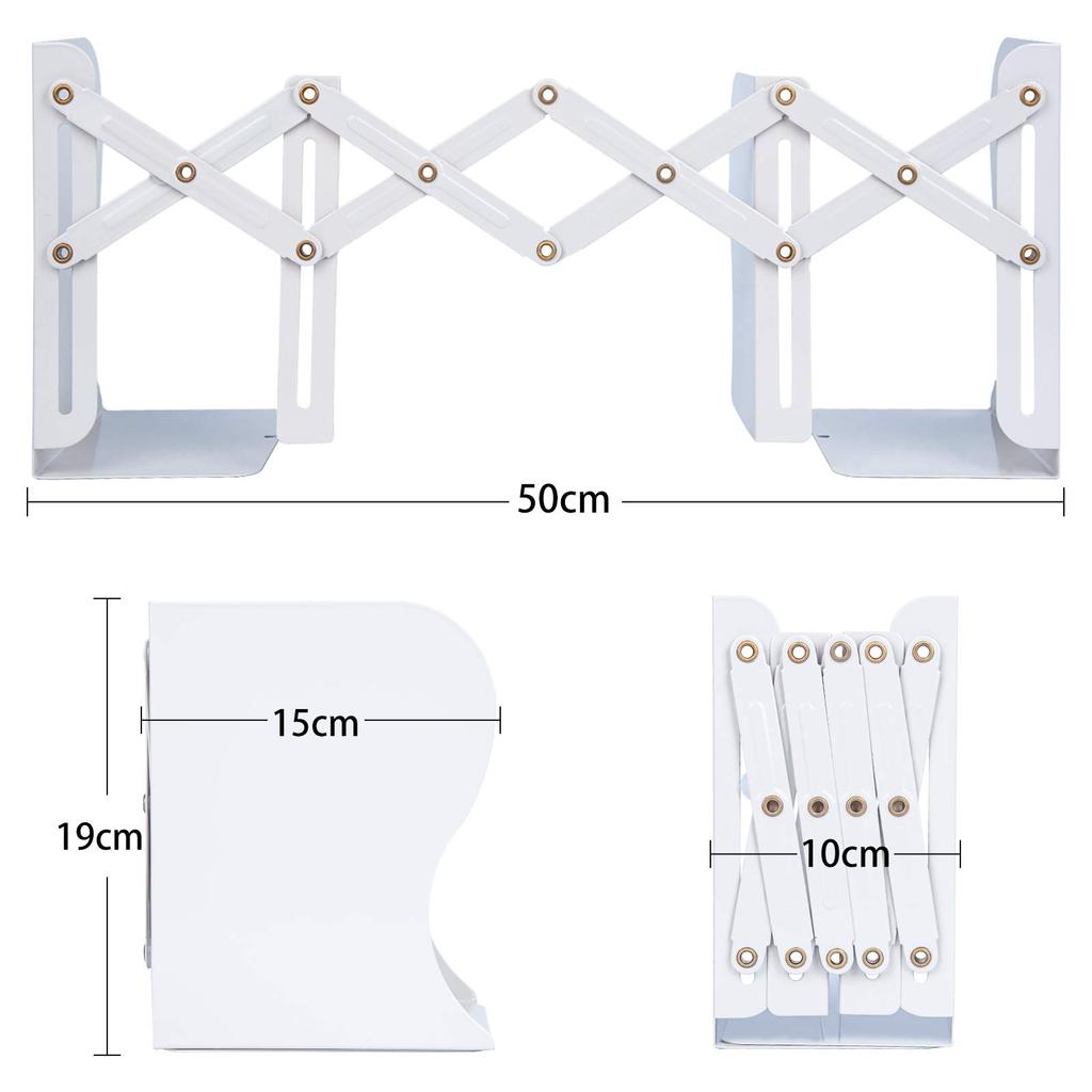 ALIOBC Extendable Metal Desktop Bookshelf with Magazine and Document Newspaper Retractable Office White Bookends, Anti-Tip Dividers, Storage, Files,