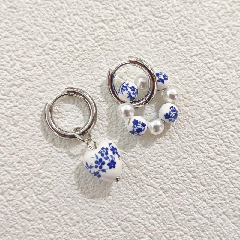 1 Pairs Chinese Style Imitation Blue And White Heart Ceramic Pendant Earrings Stainless Steel Ear Buckle Accessories