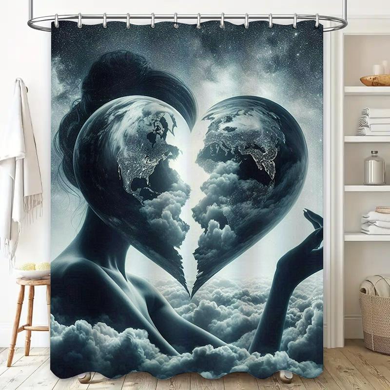 Mystical Heart-Shaped Earth Shower Curtain - Waterproof, Mildew-Resistant, Machine Washable For Dreamy Bathroom Decor