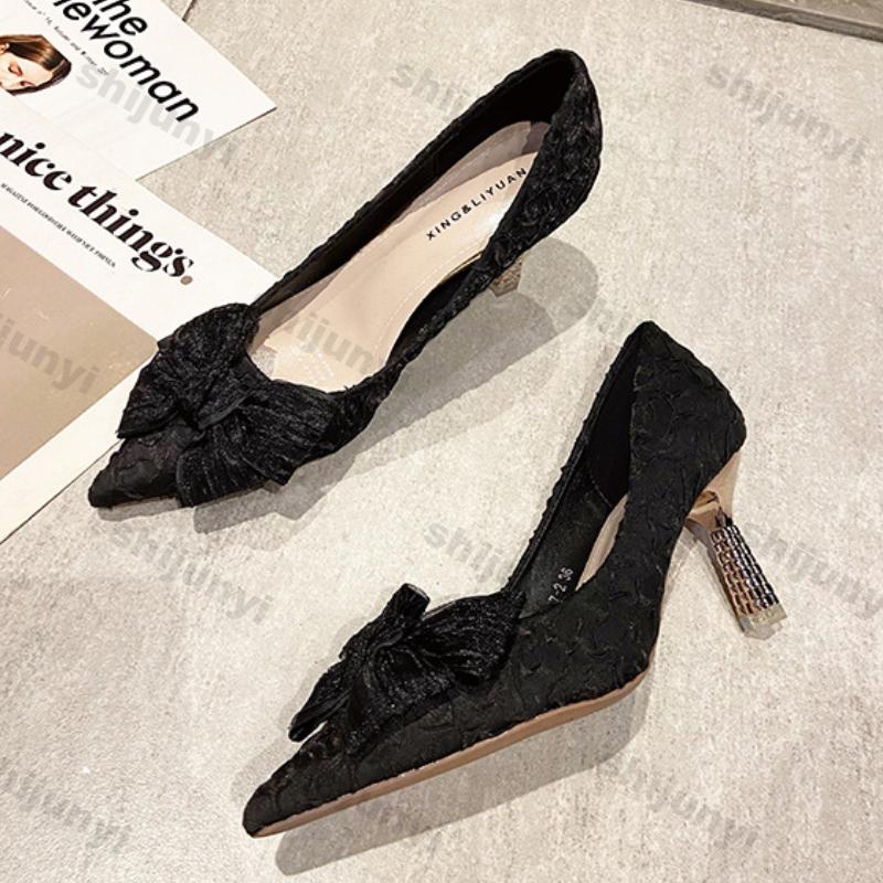 Fashion Sexy High Heels Pumps for Women 2025 Spring New Slip On Thin Heeled Party Shoes Ladies Pu Leather Pointed Toe Bows Single Shoes