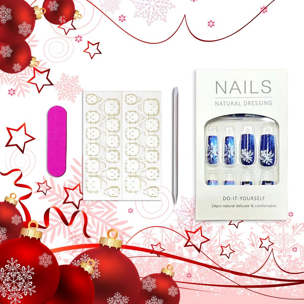 Snowflake Press on Nails Christmas Long Square Fake Nails Winter Snowman Acrylic Glue on Nail Glossy Xmas Stick on Nail for Women